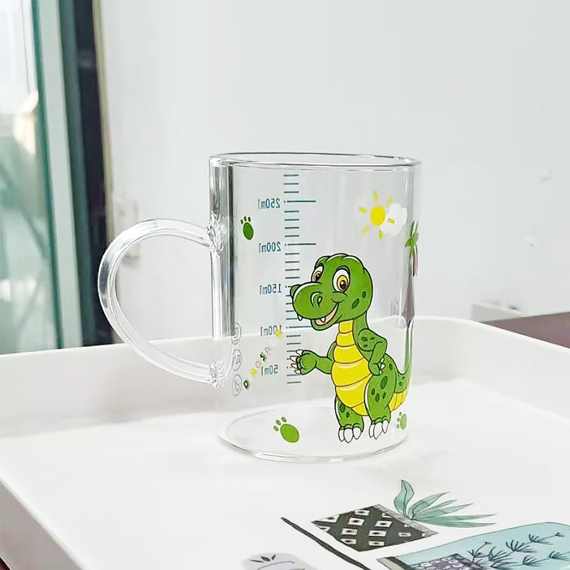 250ML Children Cartoon Cute Animal Pattern Glass Learn To Drink Cup with Straw Lid Milk Drink Mug Heat Resistant Safety Coffee: Dinosaur Single cup