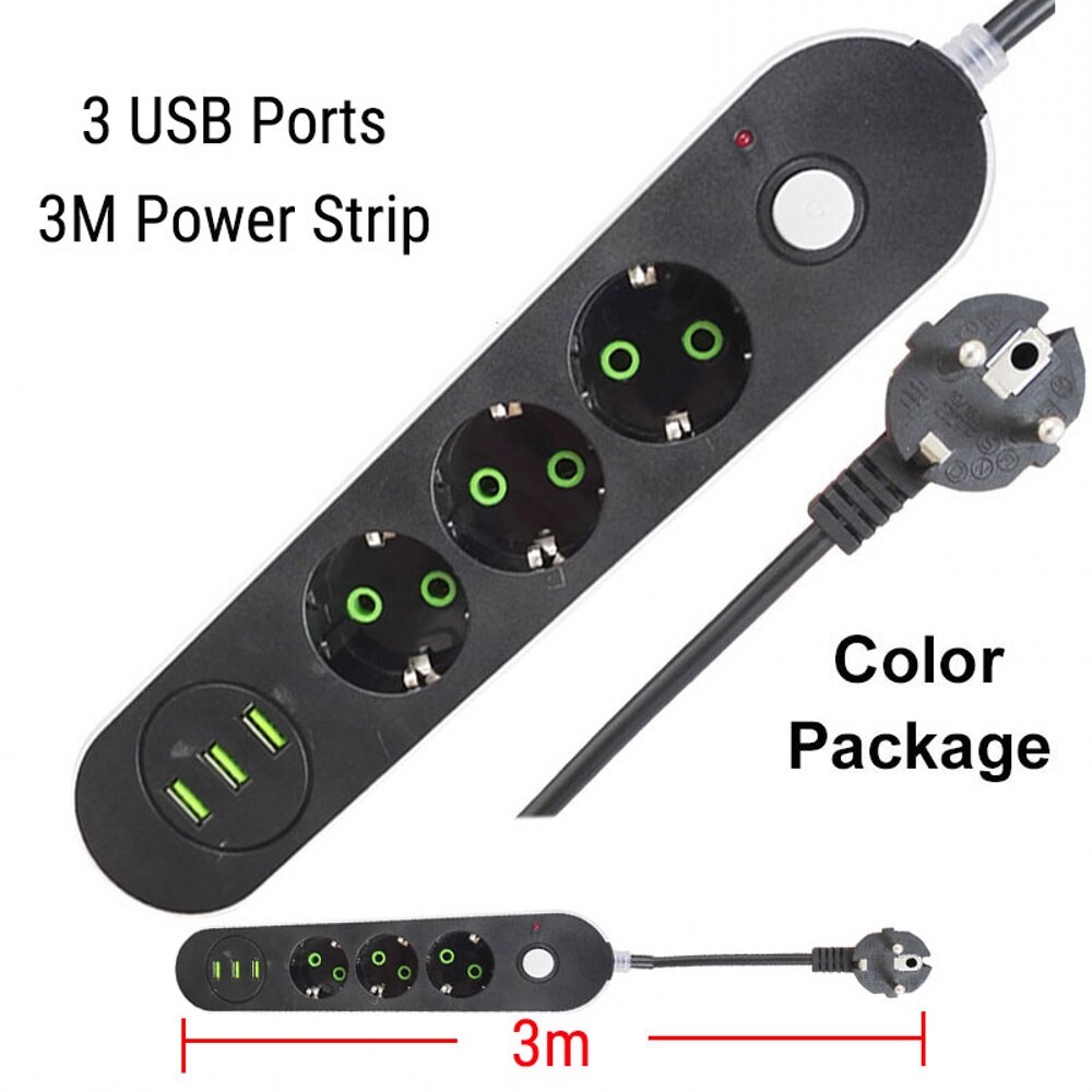 Ue plug power strip tomada 3 portas usb multi cabo de extensão tomada 2m/3m