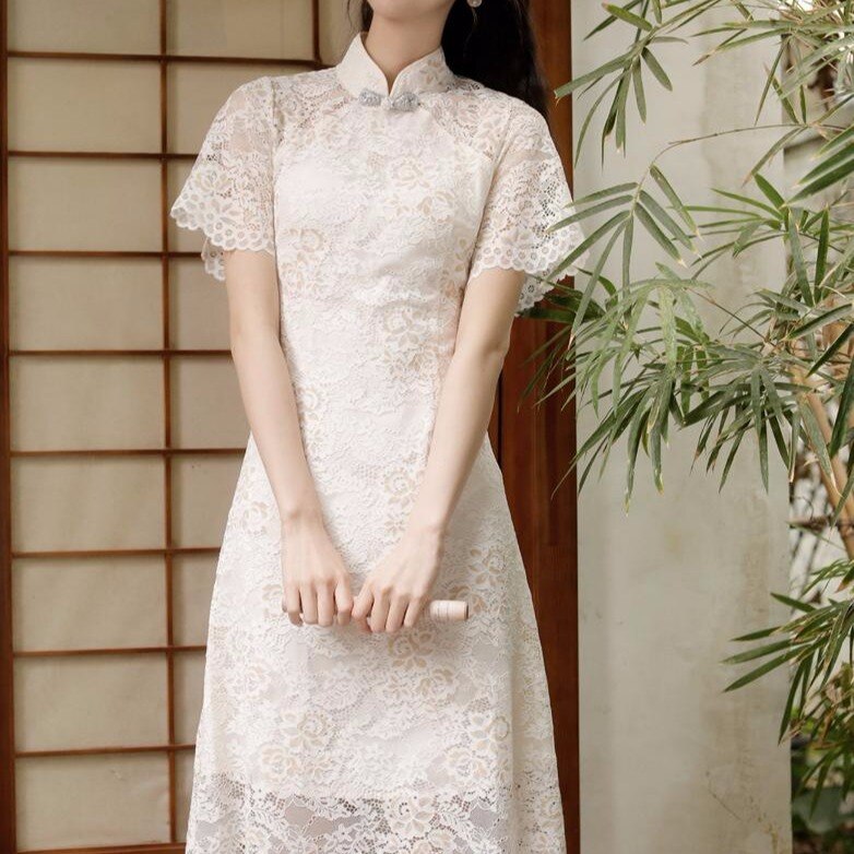 Kant Cheongsam Jong Zomer Meisje Elegante Gewijzigde Taille Lange Jurk