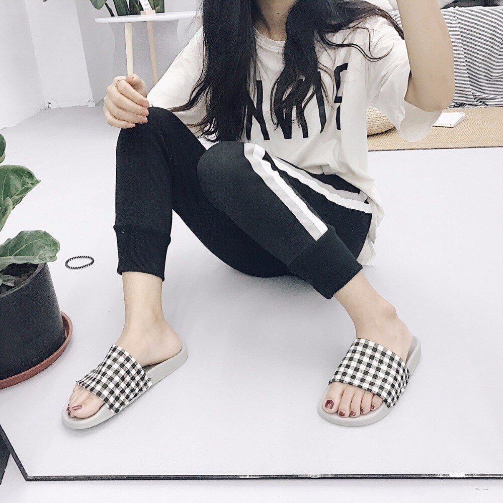 Slippers Women Summer Cotton Fabric Checkered Shoes Slip On Flat Sandals Slides Sandalias m555