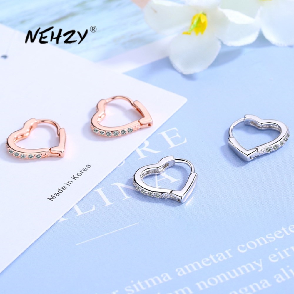 Nehzy 925 Sterling Zilveren Vrouw Mode Sieraden Crystal Zircon Hartvormige Goud Zilver Oorbellen