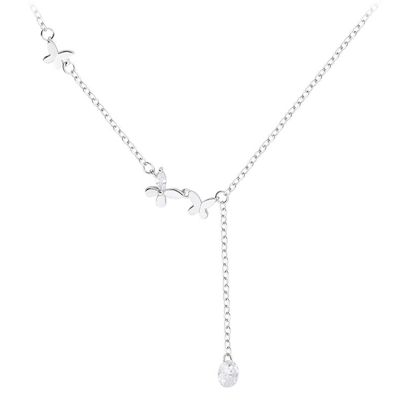 Süße Stil Silber Farbe Schmetterling Intarsien Zirkon Halskette Einstellbar Blume Kurze Quaste Kette Halskette Für Mädchen Frauen