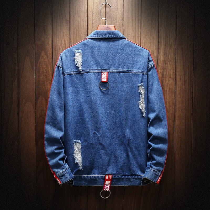 Blue Denim Jacket Men Autumn Slim Fit Hooded Ripped Jean Jacket Coat Hip Hop Streetwear Patchwork Outfit