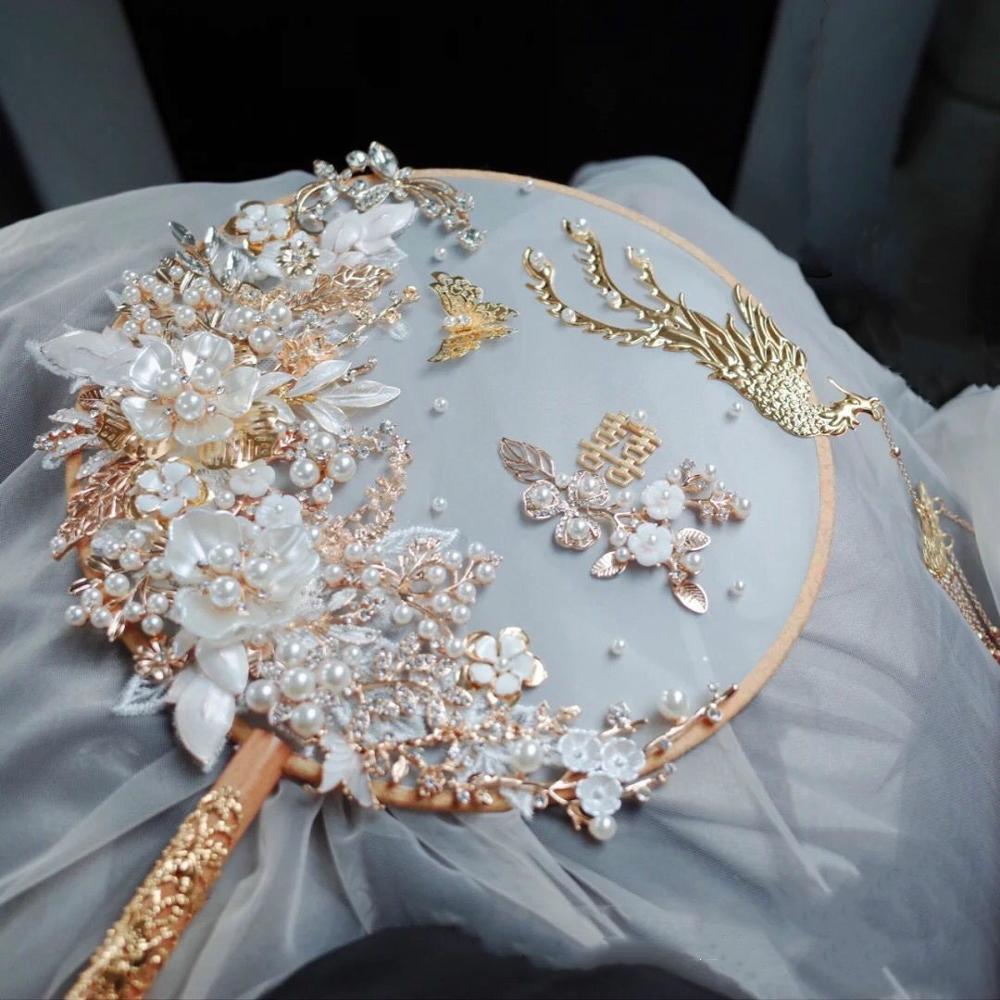 JaneVini, abanico Chino de novia de lujo, ramo de bodas con perlas, Fénix Dorado, flores hechas a mano, ramo de novia, accesorios de joyería
