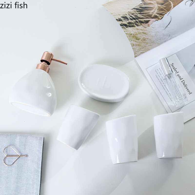 White Ceramic Bathroom Set Press Emulsion Dispenser Container Toothbrush Holder Soap Bathroom Set Bathroom Decoration