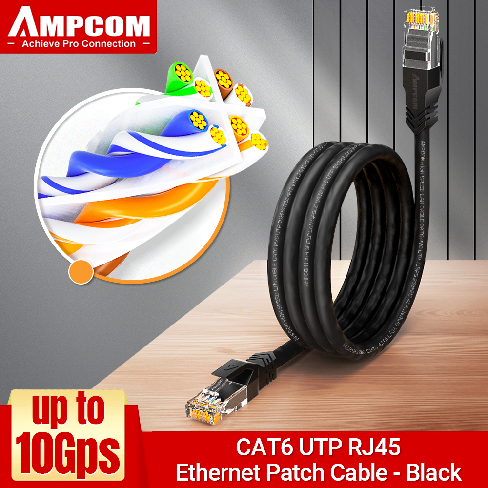 Kabel Ethernet AMPCOM RJ45, kabel Cat6 Lan (24AWG) UTP CAT 6 RJ 45 Kabel sieciowy Patch Cord do komputerów stacjonarnych Modem Router: Black / 1.5M