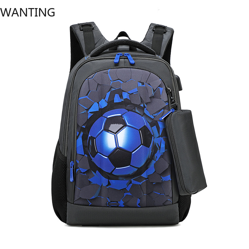 Svarta fotbollsryggsäckar för pojkar, hårda ortopediska skolväskor för mellanstadiet, usb-laddning, multifunktionell ryggsäck