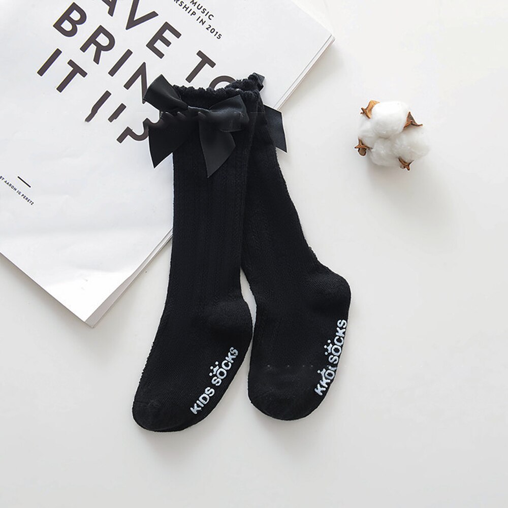 Baby Little Girls Breathable Socks Cute Bowknot Knee High Children Tube Socks Bows Solid Color Kids Socks: Black / 0-1 year