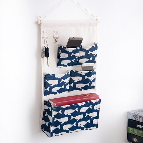 Canvas Storage Hanging Bag Wall Hanging Door Dormitory Hanging Bag 5 Pocket Space Sundries Hanging Organizer: White Fish
