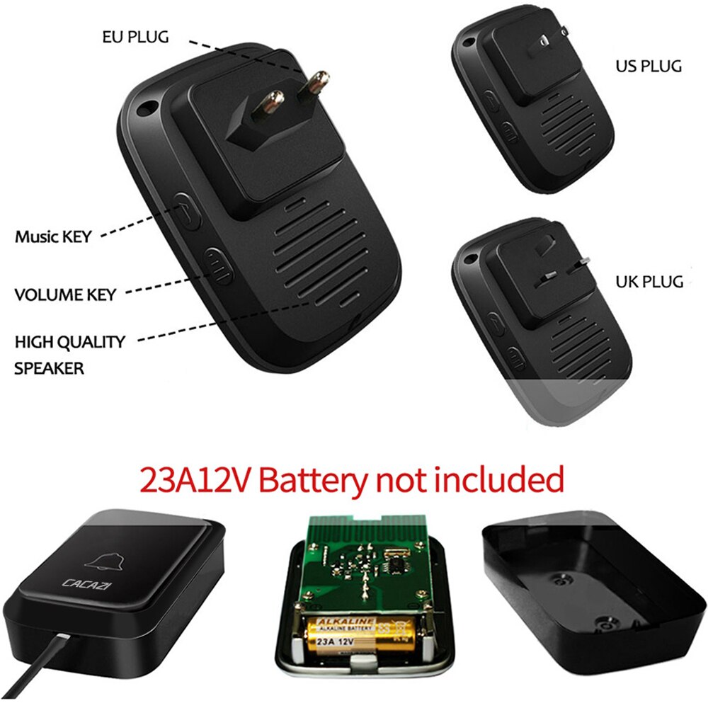 CACAZI Smart Wireless Door Bell Waterproof 1 Transmitter 5 Receiver US EU UK AU Plug Battery Home Bell Chime Wireless Ring Bell