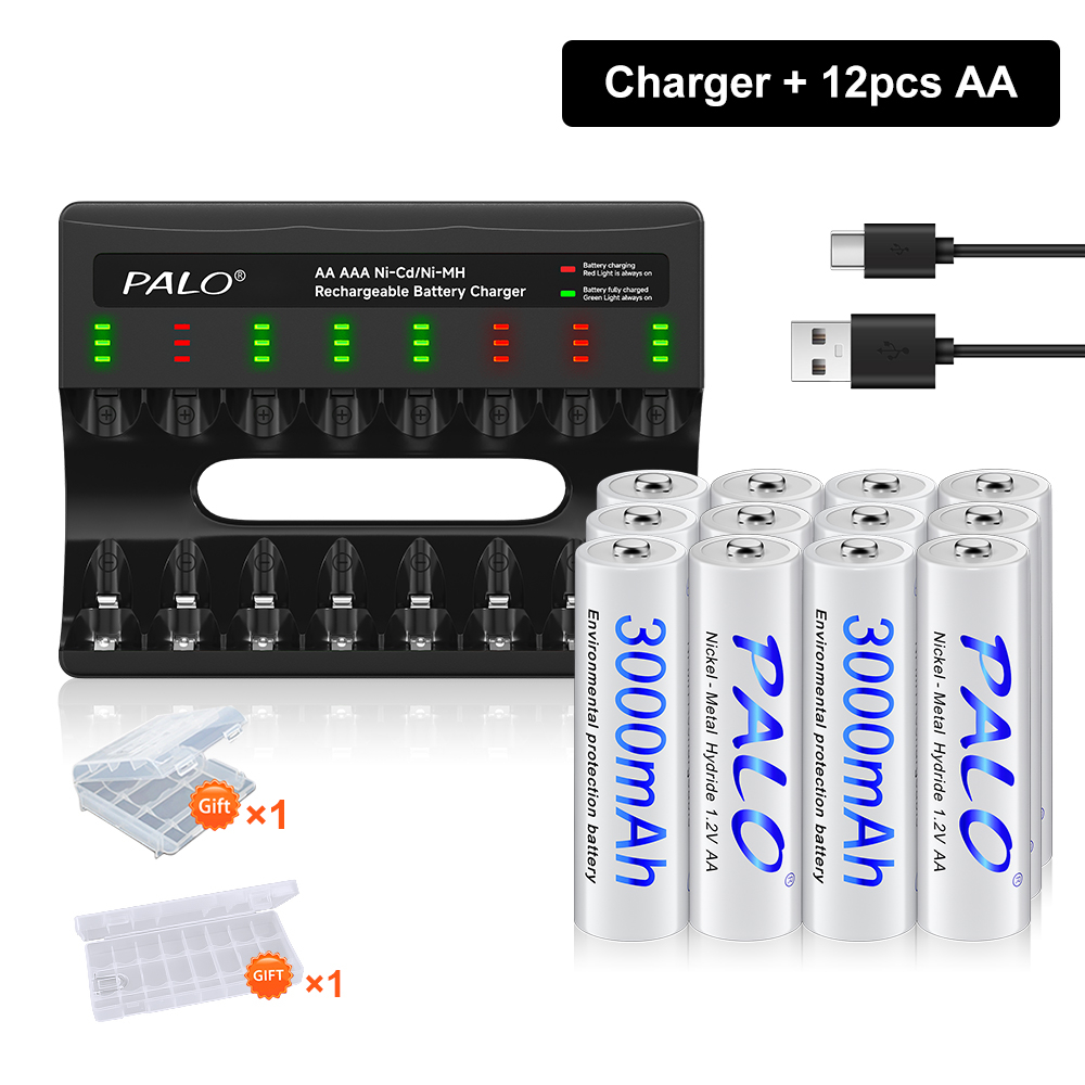 1.2V AA AAA NIMH Baterías Recargables 2A 3A + 8 Ranuras USB-C Cargador de Batería Rápido Con cable para juguetes linterna Ratón Mando a Distancia: Gris oscuro