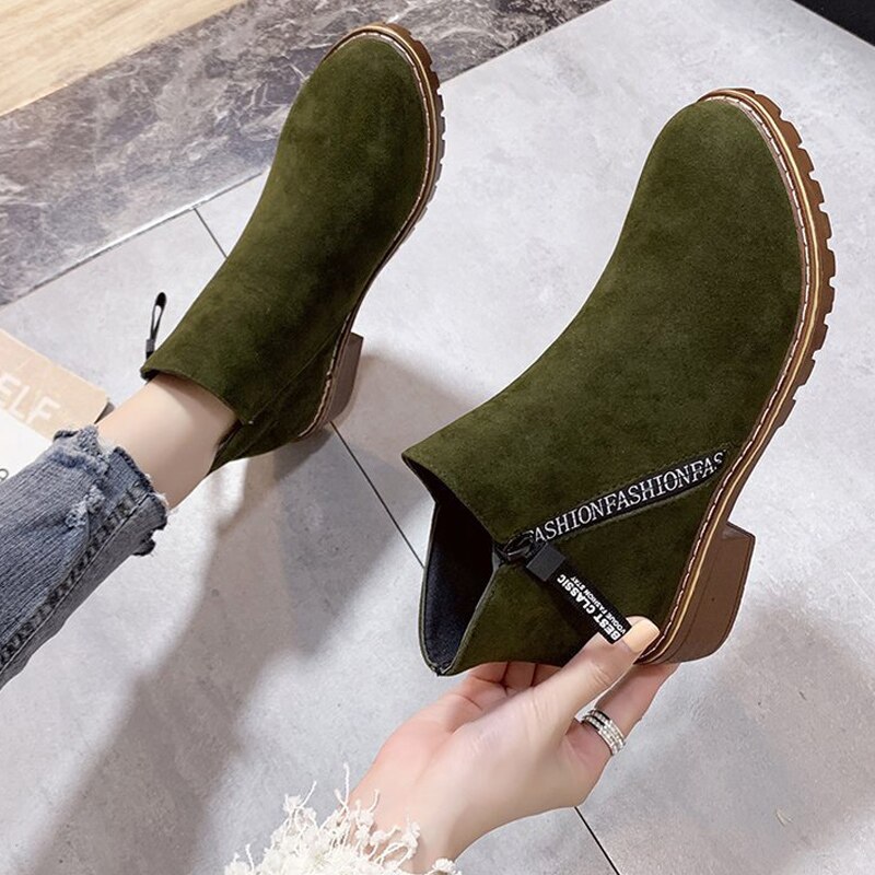 1 Pair Women Lady Ankle Boots Square Heel Side Zipper Round Toe Casual Shoes
