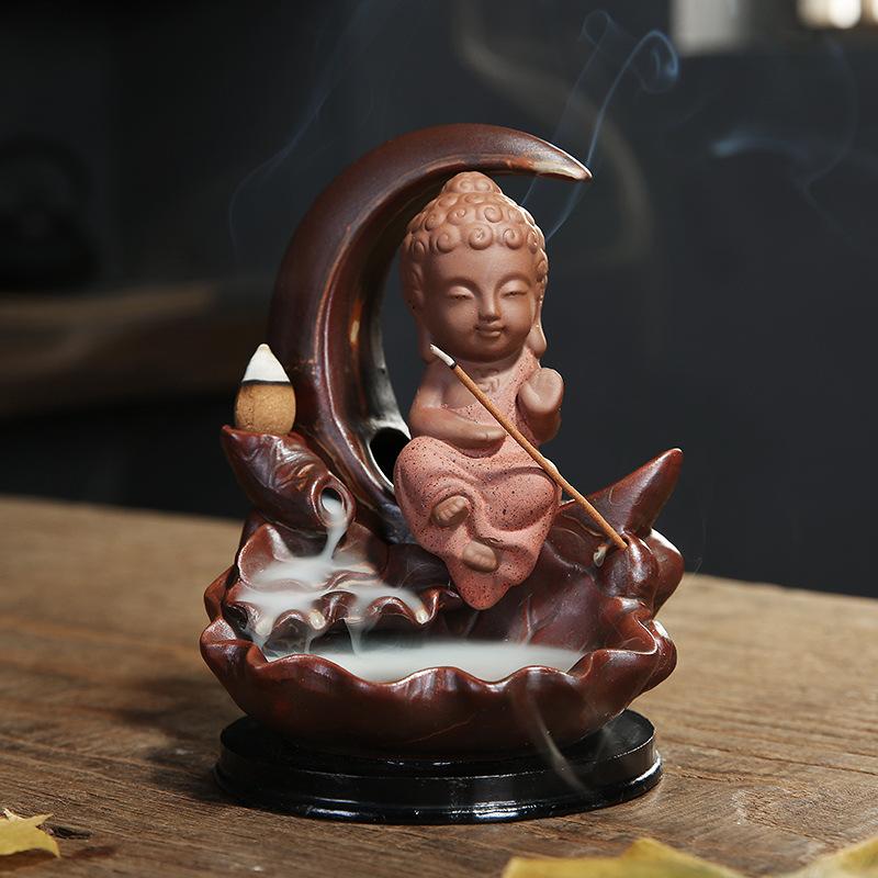 Small Buddha Backflow Incense Burner Smoke Waterfall Incense Sticks Holder Ceramic Lotus Flower Incense Censer Decorative Buddha: red