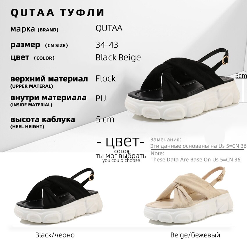 Qutaa rygstrop platform kvinder sko kilehæl spænde sandaler åndbar flock sommer dame pumps stor størrelse 34-43