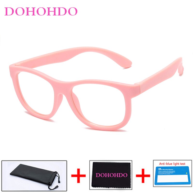 Dohohdo blåt lys blokerende glas fleksibelt  tr90 sikre briller piger drenge almindeligt spejl anti-blåt lys silikonebriller  uv400: Lyserød