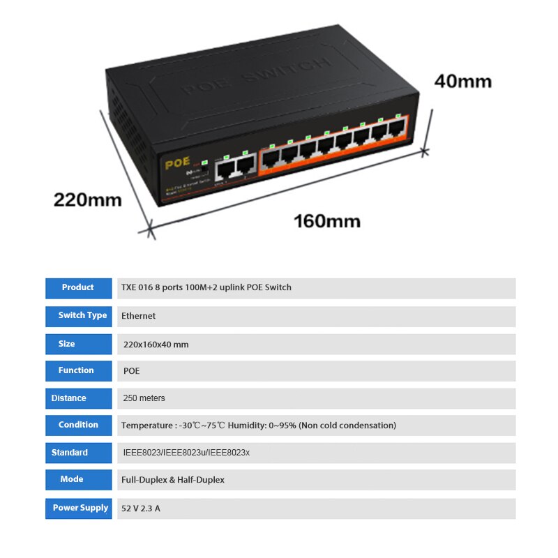 100 mbps 8 + 2 portas poe switch com câmera de monitoramento de alimentação interna iluminação sem fio vlan 52v 10-port poe switch