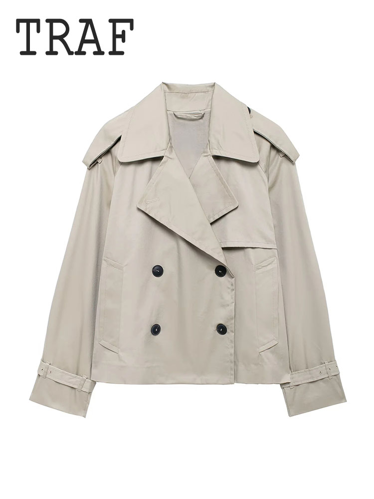 Traf Casual Stijl Korte Jas Top Voor Vrouw Dubbele Rij Knopen Damesjack Met Lange Mouwen Twee Kleuren Dagelijkse Bovenkleding: S / Sky Blue