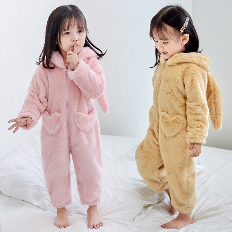 Hiver bébé filles Kigurumi Pajimas Animal lapin à capuche enfants combinaison chaude Onesie enfants flanelle pyjama vêtements de nuit dormeuses 7Y