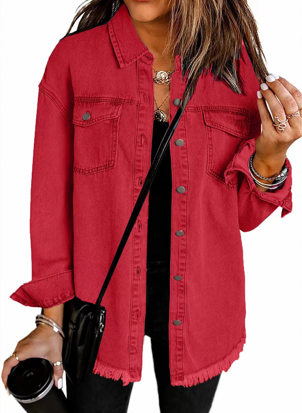 Camisas vaqueras holgadas informales lisas para mujer, camisas y blusas Vintage de gran tamaño para mujer, Tops juveniles a la para otoño 2025: L / Rojo