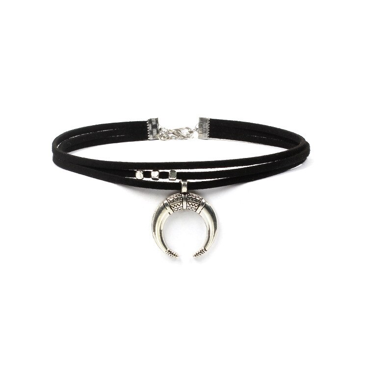 Colar da lua do punk para as mulheres vintage espanhol chifre de touro crescente chocker moda 3 camadas de veludo preto gargantilha colar