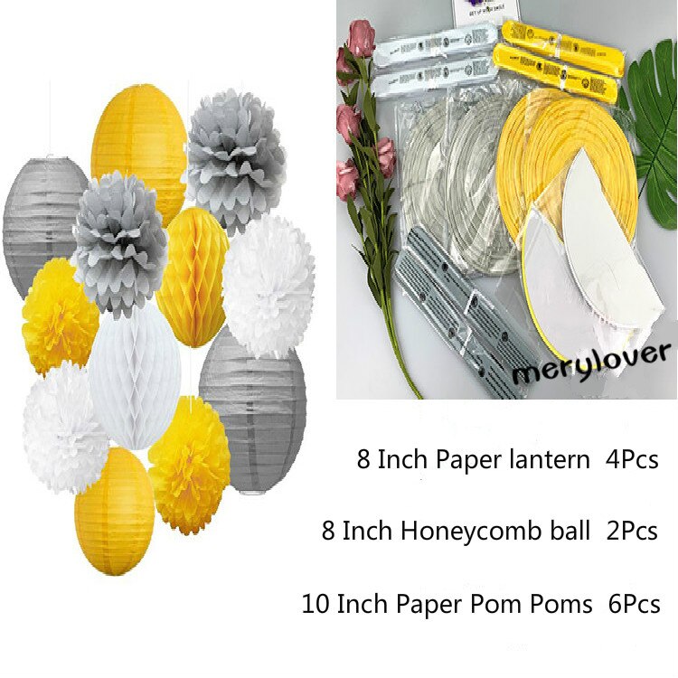 12pcs/set Mixed Paper Lantern Paper Honeycomb Ball Hanging Paper Pom PomsWedding Birthday Decor DIY Baby Shows Party Supplies: gray yellow 12pcs