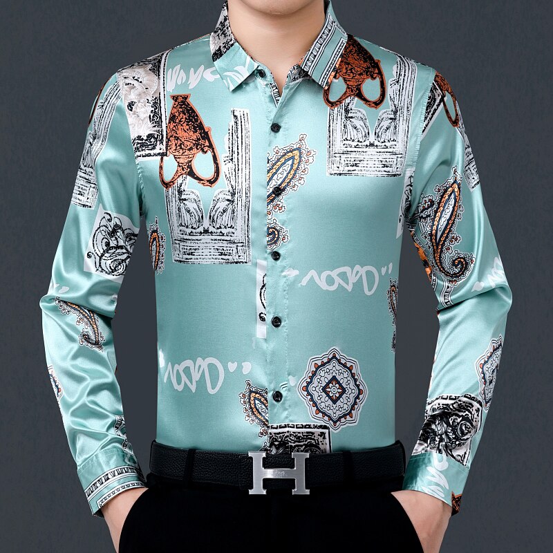 Heren zijden overhemden met lange mouwen, bedrukte poplin jurken, casual satijnen bloemenkleding voor heren