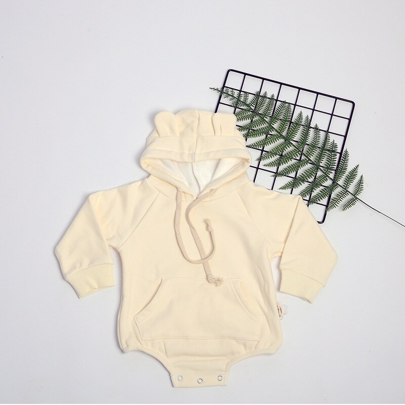 2022 koreanische Baby-bodys Ich bin frühlingsstil für mädchen und jungen, einfarbig, langärmelig, mit bärenohren und kapuze, neugeborenenkleidung  e8405: Weiß / 73cm 6-12 monate
