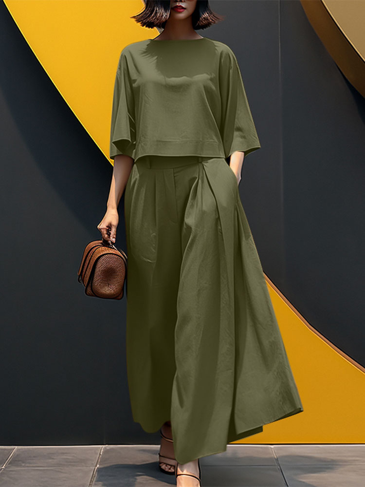 ZANZEA Summer 2pcs Outfits Women Pant Sets Baggy Blouse Wide Leg Trousers Suit Solid Work Tracksuits Matching Sets: XXL / Dark Green