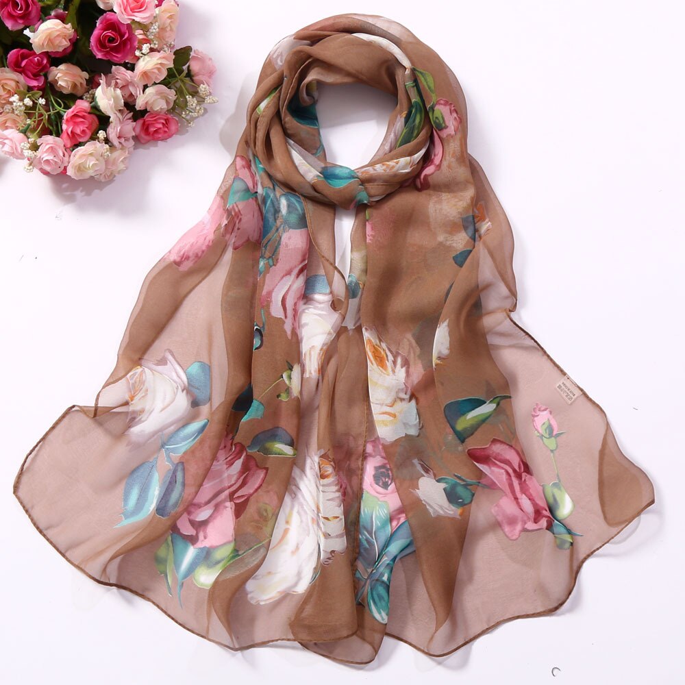 Foulard en mousseline de soie Georgette pour femmes, fleur de Rose, Foulard pour femmes, châle, Bandana , Protection solaire pour la plage: Khaki