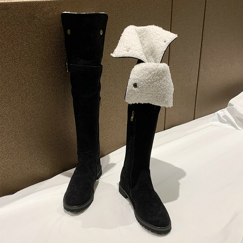 Women's Over The Knee High Boots Winter Plush Velvet Long Tube Suede Stretch Warm Fur Snow Boots Black Khaki Platform Shoes