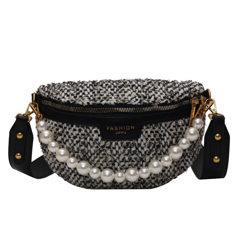 Przyczynowa perła przenośna saszetka na pasek sprawdź dużą pojemność pojedyncza torba na klatkę piersiowa sprawdź drukowanie łańcucha Woolens torba na ramię dla pani: czarny złoto