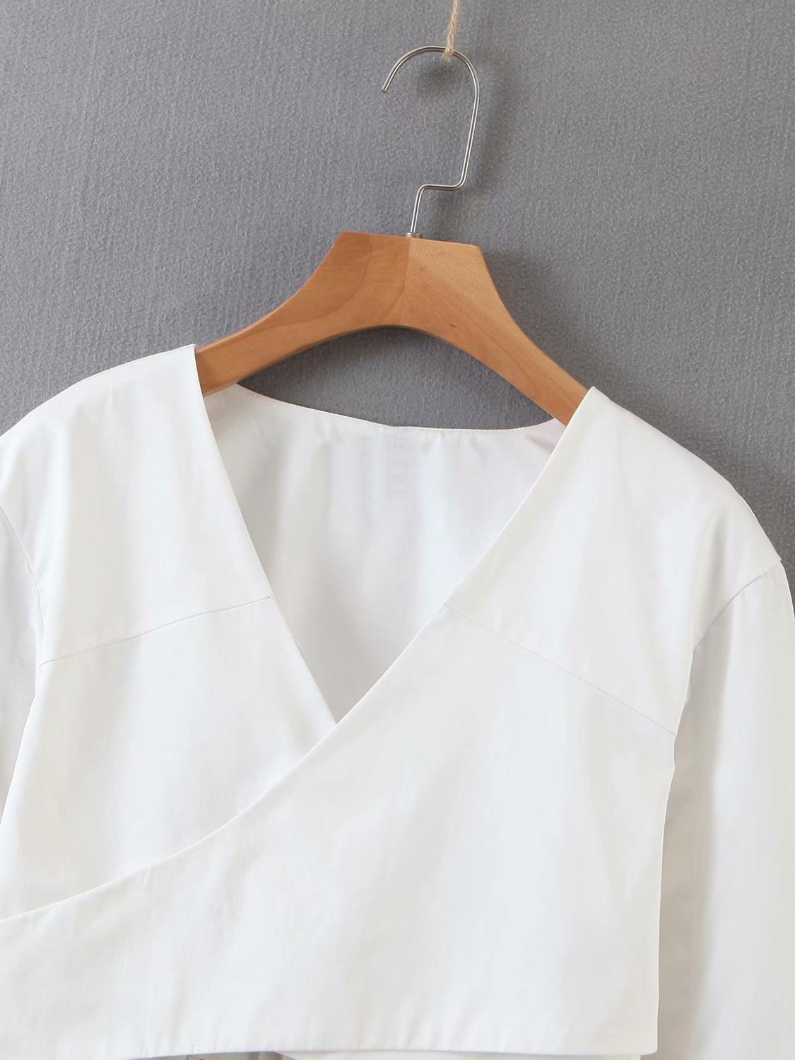 Blusa corta informal para mujer, color blanco, con cuello de pico cruzado, blusa de manga larga para mujer, camisas sin espalda, tops crop LS6541,
