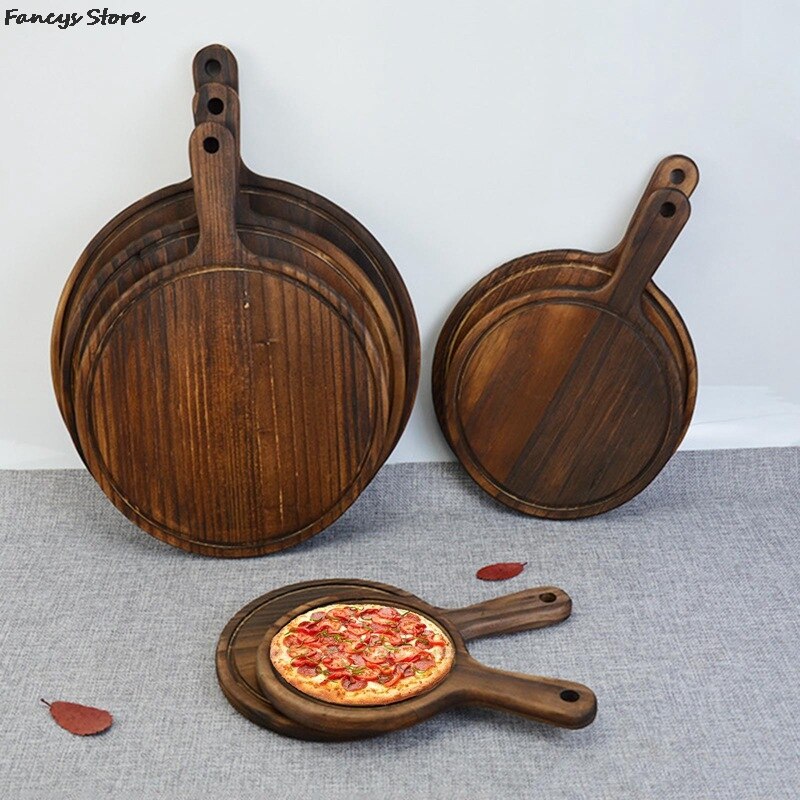Multi-Size Houten Ronde Lade Barbecue Westerse Steak Plaat Massief Houten Pizza Plaat-Brandende Kleur Dessert Diner Plaat servies