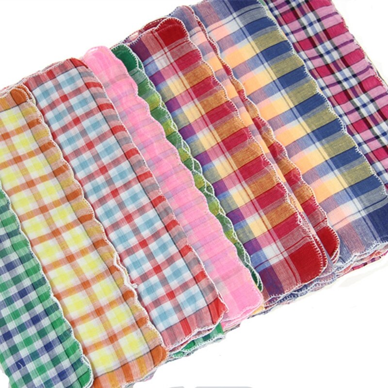 12Pcs Womens Ladies Handkerchiefs 100% Cotton Soft Plaid Handkerchiefs Mixed Color Pocket Hanky BBB1062