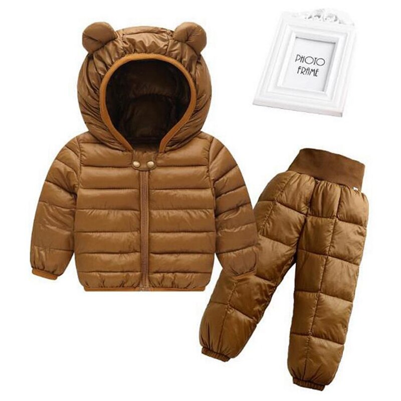 Mode Pasgeboren Kids Warme Kleding Set 2 Stuks Katoen Gewatteerde Jas + Broek Baby Jongens Meisjes Warme Jas Kids winter Casul Pakken: brown / 24M