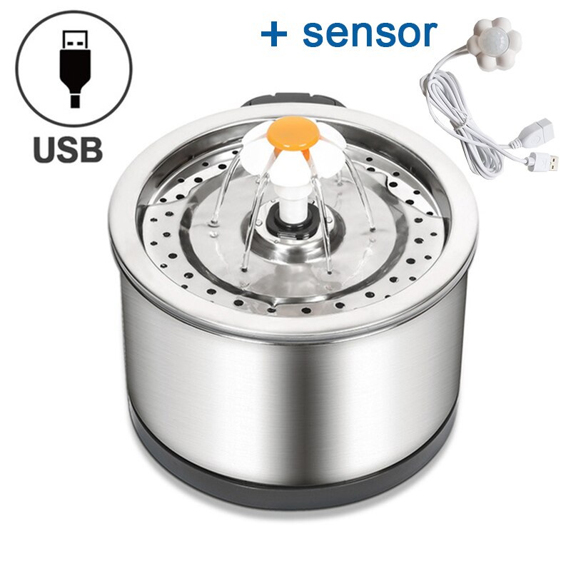 Rustfrit stål kat vand springvand sensor automatisk cirkulerende kæledyr drikkevand dispenser intelligent springvand med filtre: 2.5l- sensor