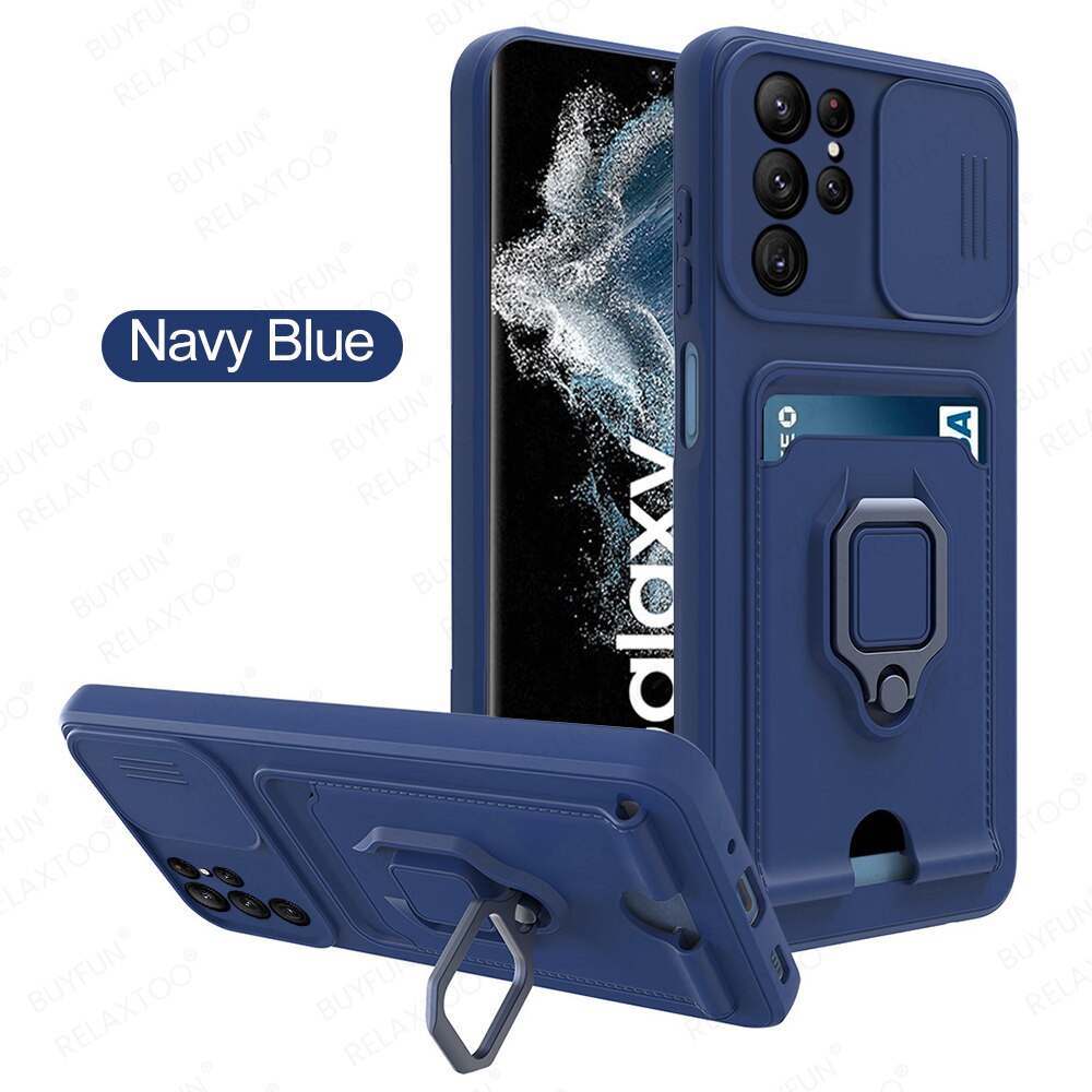 S22Ultra Case Slide Camera Bescherm Case Voor Samsung Galaxy S22 Ultra Wallet Card Slot Cover S 22 S22 + Magnetische ring Stand Coque: S22 Plus / Blue-03