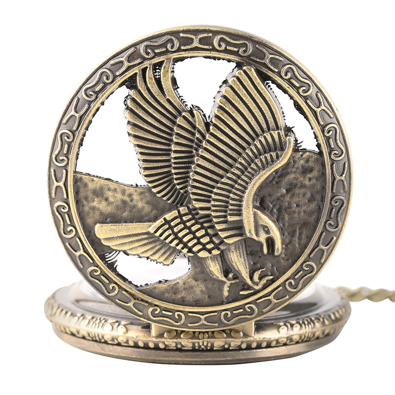 Vintage 3D Flying Eagle Cover Necklace Pocket Watch Bronze Hawk Wing Pendant Fob Chain Quartz Clock Souvenir for Men Women