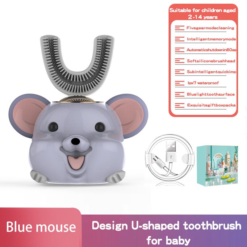 Intelligente 360-Graden Elektrische U-Vormige Tandenborstels Voor Kinderen Bevatten Automatische Ultrasone Tanden Ceaning En Whitening Auto: Blue mouse