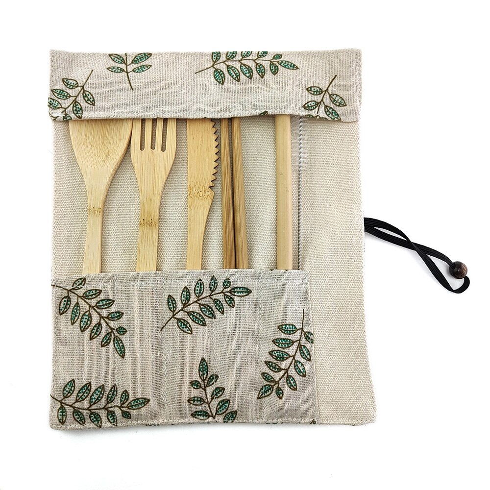 Eco Friendly Bamboo Cutlery Set of Wooden Utensils with Reusable Bamboo Spoon, Fork, Knife,and Reusable Straw Cleaner For Travel: 1705-C-1