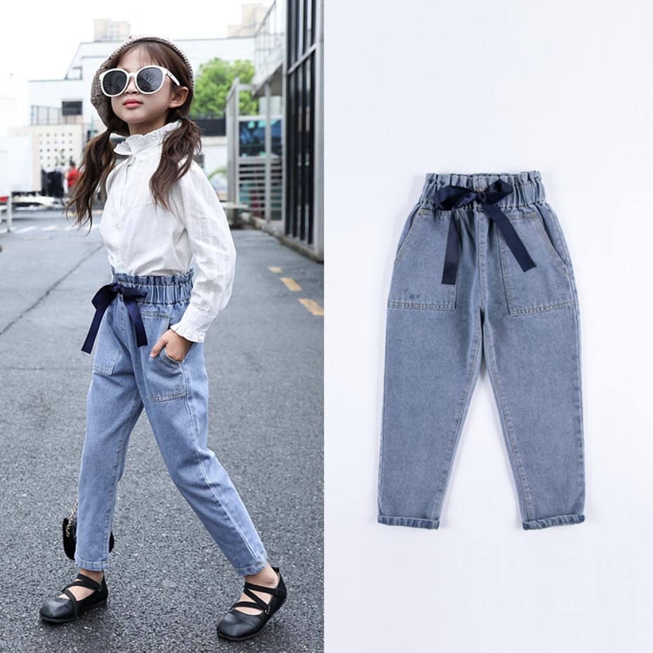 jeans jente høy vente jeans til jenter stor Bue jeans til låve solide klær til jenter 6 8 10 12 14