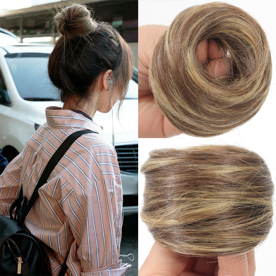 Allaosify moño sintético femenino fibra sintética pelo liso círculo cuerda elástica, color de cabello natural accesorios para el cabello luz oscura
