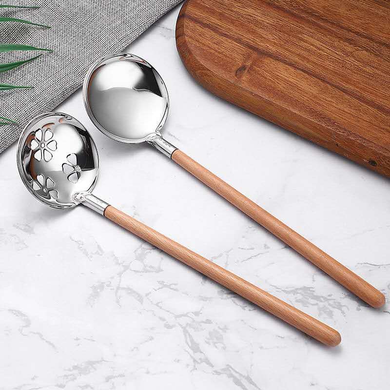 2PCS Stainless Steel Wooden Handle Spoon/Colander 26.7CM Pot Spoons Flatware Soup Drinking Tools Kitchen Gadget: F 2PCS AS PIC