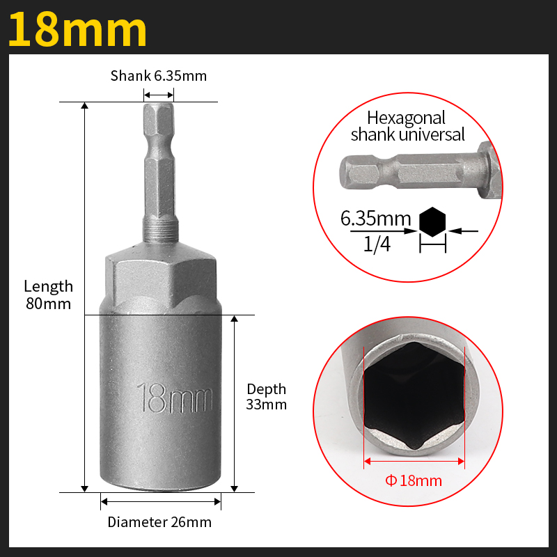 5.5-19mm Length Deepen Impact Socket Adapter Power Nut Driver Socket Drill Bit 1/4-inch Hex Shank Screwdriver Key Head Hand Tool: grey