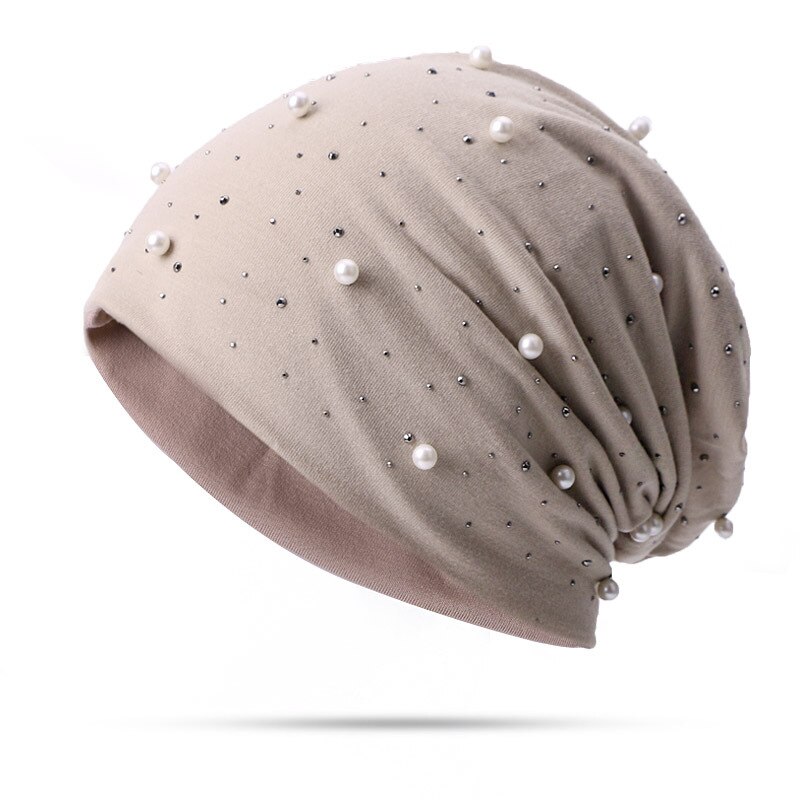 Soft Cotton Autumn Spring Beanie Hats Women Girls Pearl Rhinestones Warm Skullies Caps Turban Bonnet Hat Female Ladies: Cotton Beige 1