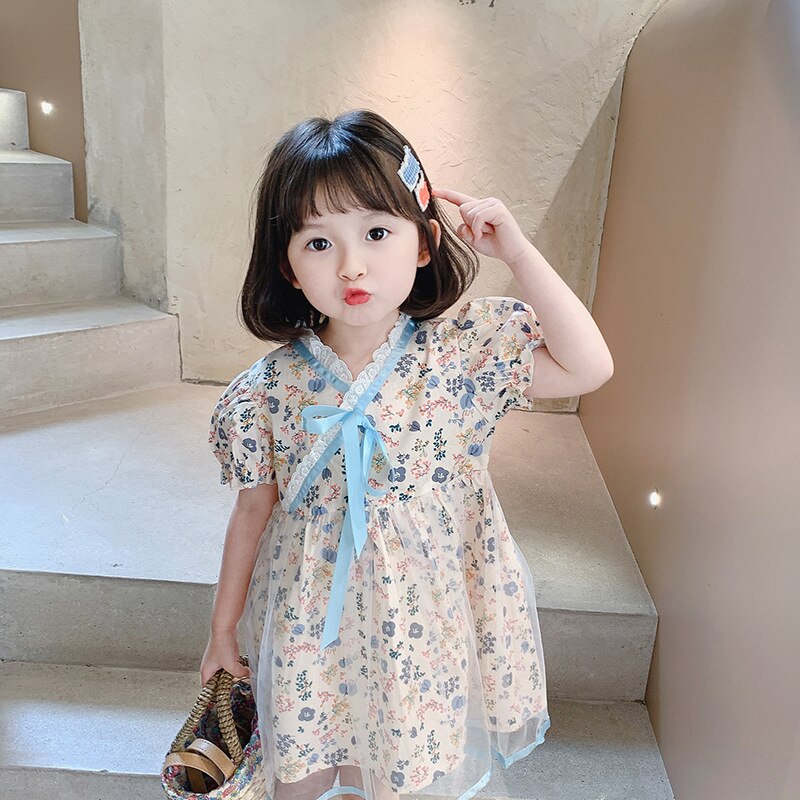Lisunny Meisjes Casual Jurk Zomer Kinderen Prinses Jurk Kant Afdrukken Korte Mouwen Jurk Kinderen Kleding