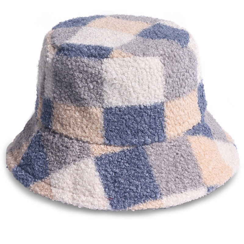 Women Men Winter Warm Fuzzy Plush Bucket Hat Sweet Color Block Plaid Printed Wide Brim Sunscreen Harajuku Fisherman Cap