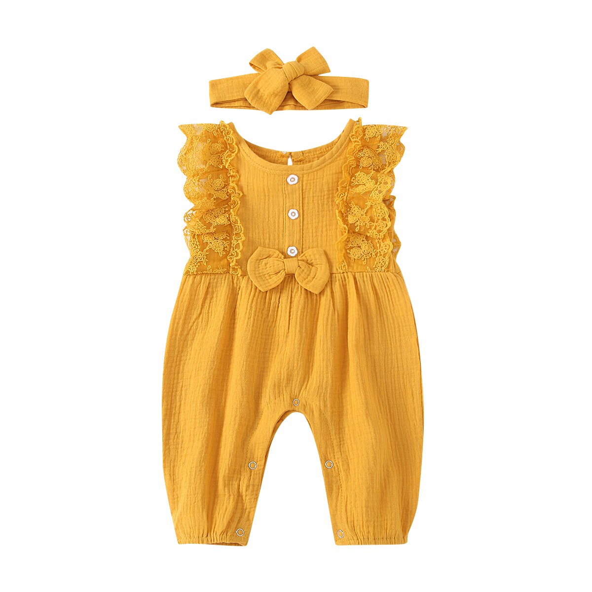 Baby Girl Cotton Linen Romper Two-piece Clothes Set Sleeveless Round Collar Jumpsuit Headdress Pink/ White/ Purple/ Green/Yellow: YELLOW / 18M