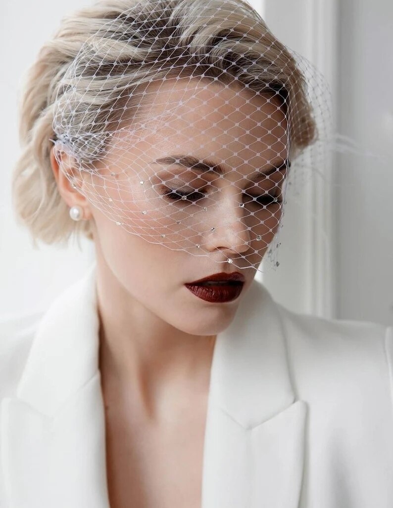 Veil for Face White Shiny Rhinestone Veil Hair Comb Charming Birdcage Veil Blusher Veil Wedding Hair Accessories Fascinators