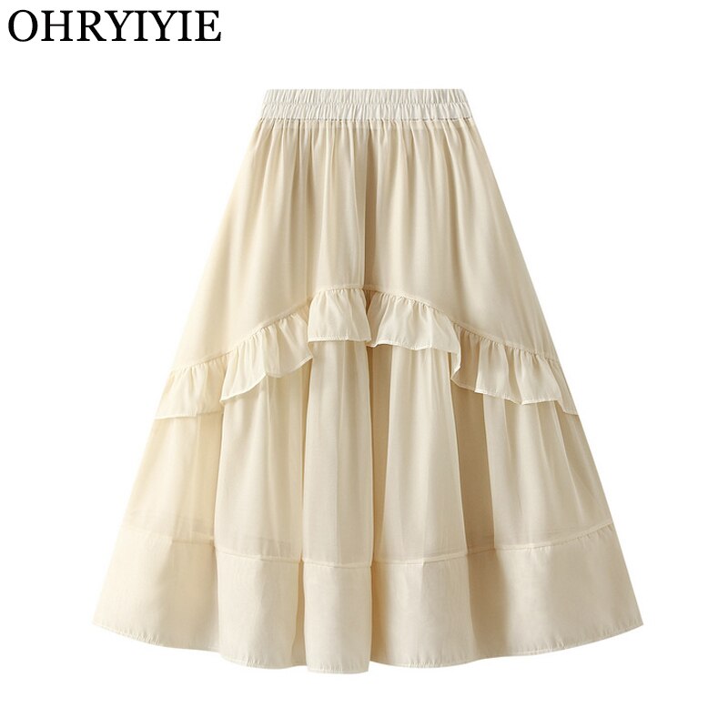 OHRYIYIE Falda Midi de tul para mujer, falda larga de color blanco y Beige, suave, plisada, a la , para primavera y verano